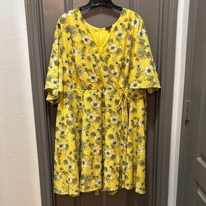 Floral Yellow Faux Wrap Dress